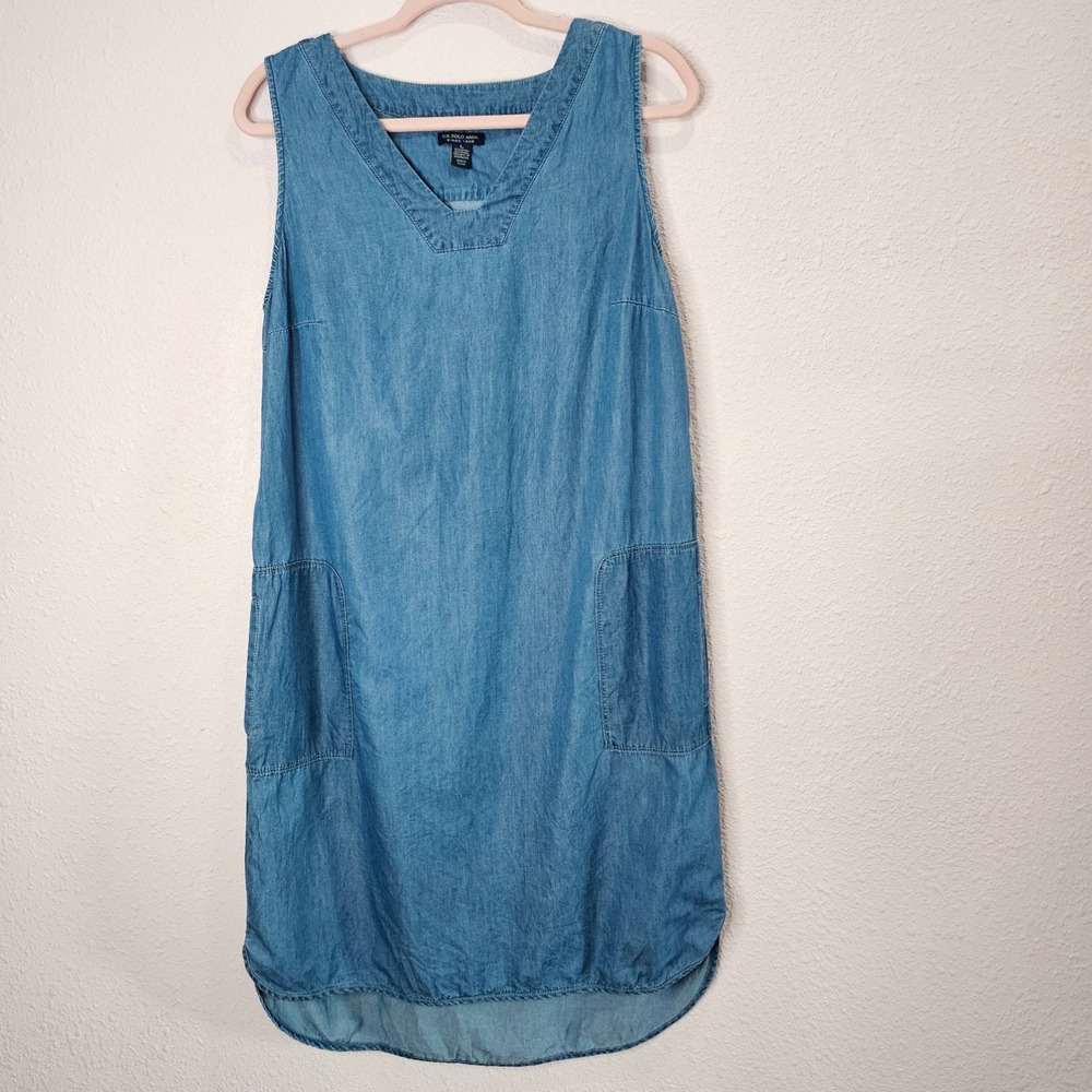 US Polo Assn Overall‎ Dress Chambray Large Sleeveless Jumper Pockets Blue Denim